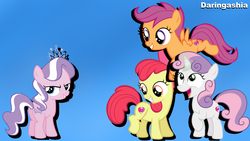 Size: 1280x720 | Tagged: safe, artist:daringashia, apple bloom, diamond tiara, scootaloo, sweetie belle, g4, butt, cutie mark, cutie mark crusaders, magic, open mouth, plot, simple background, the cmc's cutie marks, wallpaper