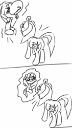 Size: 720x1280 | Tagged: safe, artist:happy harvey, twilight sparkle, oc, oc:anon, oc:filly anon, alicorn, pony, g4, butt, comic, female, filly, foal, mare, monochrome, phone drawing, plot, simple background, transformation, twilight sparkle (alicorn), white background
