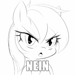 Size: 500x500 | Tagged: safe, artist:randy, oc, oc only, oc:aryanne, black and white, cute, disapproval, eyebrows, face, german, grayscale, hooves up, monochrome, nein, open mouth, reaction image, simple background, sketch, solo, text, white background