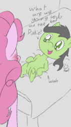 Size: 720x1280 | Tagged: safe, artist:happy harvey, pinkie pie, oc, oc:anon, oc:filly anon, earth pony, pony, g4, bed, blushing, female, filly, mare, on bed, phone drawing, pomf, reference, what are we gonna do on the bed?
