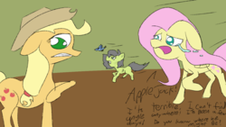 Size: 1280x720 | Tagged: safe, artist:happy harvey, applejack, fluttershy, oc, oc:anon, oc:filly anon, bird, g4, crying, female, filly, misspelling, phone drawing, this will end in tears