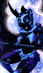 Size: 900x1500 | Tagged: safe, artist:ogaraorcynder, nightmare moon, anthro, g4, armor, armpits, belly button, both cutie marks, female, solo, unconvincing armor