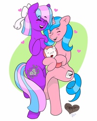 Size: 1638x2048 | Tagged: artist needed, source needed, safe, oc, oc only, oc:charlie print, oc:flower blossom, oc:rose blossom, bow, female, foal, hair bow, lesbian, magical lesbian spawn, newborn, oc x oc, offspring, shipping, transgender