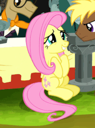 Size: 321x434 | Tagged: safe, screencap, coco crusoe, fluttershy, match game, earth pony, pegasus, pony, g4, trade ya!, animated, background pony, gif, grin, loop, male, nervous, perfect loop, reversed, stallion