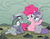 Size: 1089x843 | Tagged: safe, artist:royalrainbow51, limestone pie, marble pie, maud pie, pinkie pie, earth pony, pony, g4, blushing, cute, female, filly, filly pinkie pie, hug, messy mane, pie sisters, sibling rivalry, sisters, smiling, wrong cutie mark, younger