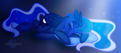 Size: 3681x1620 | Tagged: dead source, safe, artist:xwhitedreamsx, princess luna, alicorn, pony, g4, blue, crepuscular rays, cute, female, lunabetes, pillow, sleeping, solo