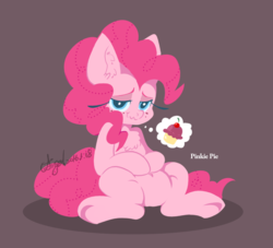 Size: 995x902 | Tagged: safe, artist:snow angel, pinkie pie, g4, bedroom eyes, chest fluff, cupcake, female, flat colors, food, reclining, scrunchy face, simple background, sitting, solo, thought bubble, vector