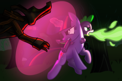 Size: 5400x3600 | Tagged: safe, artist:lxyacht, spike, twilight sparkle, timber wolf, g4, fight, fire, force field