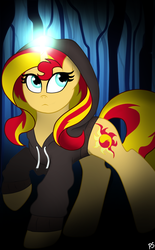 Size: 867x1400 | Tagged: safe, artist:pinkamenascratch, sunset shimmer, pony, unicorn, g4, clothes, female, hoodie, raised leg, solo