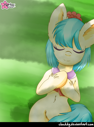 Size: 668x900 | Tagged: safe, artist:clouddg, coco pommel, g4, belly button, cute, eyes closed, female, fluffy, grass, sleeping, solo, unshorn fetlocks