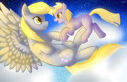 Size: 1004x651 | Tagged: safe, artist:natattack33, derpy hooves, dinky hooves, pegasus, pony, g4, equestria's best mother, female, flying, mare, mother and daughter, night