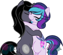 Size: 400x348 | Tagged: safe, artist:t-aroutachiikun, oc, oc only, oc:prince thanatos, oc:princess estelle, pegasus, pony, unicorn, female, kissing, male, mare, oc x oc, offspring, offspring shipping, parent:king sombra, parent:princess cadance, parent:princess luna, parent:shining armor, parents:lumbra, parents:shiningcadance, shipping, stallion, straight