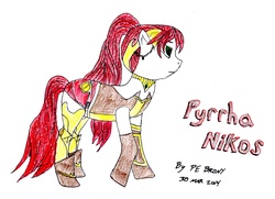 Size: 2185x1585 | Tagged: safe, artist:pe brony, artist:soulwarden11, pony, armor, boots, clothes, green eyes, headdress, necklace, ponified, pyrrha nikos, red hair, rwby, sash, solo