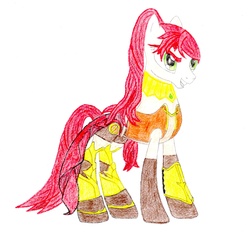 Size: 2149x2041 | Tagged: safe, artist:pe brony, artist:soulwarden11, pony, armor, boots, clothes, green eyes, headdress, high res, jnpr, necklace, ponified, pyrrha, pyrrha nikos, red hair, rwby, sash, solo, team jnpr