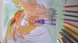 Size: 2592x1456 | Tagged: safe, artist:faad, adagio dazzle, dragon, equestria girls, g4, clothes, colored pencil drawing, evil smile, orange, pen, pencil, red eyes, sideways image, teeth, traditional art, yellow