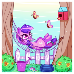 Size: 2100x2100 | Tagged: safe, artist:ipun, oc, oc only, oc:moonlight blossom, butterfly, hammock, heart eyes, high res, solo, wingding eyes