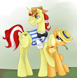 Size: 820x825 | Tagged: safe, artist:chromaflow, applejack, flim, g4, accessory swap