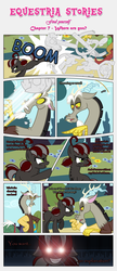 Size: 1919x4437 | Tagged: safe, artist:estories, discord, oc, oc:squeaky pitch, draconequus, earth pony, pony, comic:find yourself, g4, comic, glowing eyes, statue