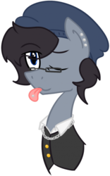 Size: 311x500 | Tagged: safe, artist:asarum, oc, oc only, oc:appy, pony, :p, beanie, bust, clothes, cute, ear piercing, glasses, hat, jewelry, looking at you, necklace, one eye closed, piercing, simple background, smiling, solo, tongue out, tongue piercing, transparent background, wink