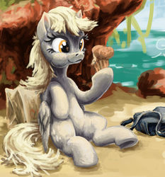 Size: 686x735 | Tagged: safe, artist:da-exile, derpy hooves, pegasus, pony, g4, beach, eating, female, food, mare, muffin, puffy cheeks, saddle bag, solo, that pony sure does love muffins, underhoof