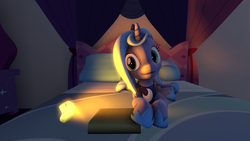 Size: 1280x720 | Tagged: safe, artist:bunneshow, princess luna, g4, 3d, bed, book, candle, female, filly, solo, source filmmaker, woona