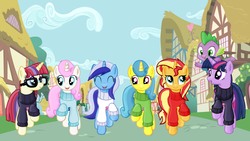 Size: 2528x1421 | Tagged: safe, artist:majkashinoda626, lemon hearts, minuette, moondancer, spike, sunset shimmer, twilight sparkle, twinkleshine, alicorn, pony, g4, ^^, canterlot five, clothes, counterparts, cute, eyes closed, female, group, magical quintet, magical trio, mare, ponyville, sweater, twilight sparkle (alicorn), twilight's counterparts, walking