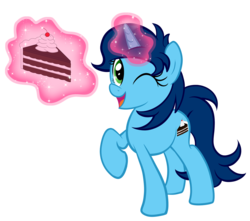 Size: 2000x1766 | Tagged: safe, artist:lifyen, oc, oc only, oc:sweet cakes, pony, unicorn, cake, food, levitation, looking at you, magic, open mouth, simple background, solo, telekinesis, transparent background, wink