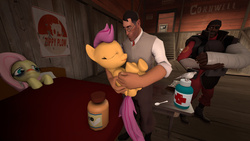 Size: 4000x2250 | Tagged: safe, artist:archer333p, fluttershy, scootaloo, pony, g4, 3d, crossover, demoman, demoman (tf2), holding a pony, medic, medic (tf2), red nosed, remedy, sick, source filmmaker, team fortress 2