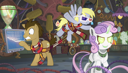 Size: 1024x588 | Tagged: safe, artist:pixelkitties, derpy hooves, doctor whooves, minuette, roseluck, sweetie belle, time turner, pegasus, pony, robot, unicorn, g4, 3d glasses, ccg, clothes, cyberbelle, doctor who, enterplay, female, filly, glasses, male, mare, merchandise, scarf, stallion, sweetie bot, tardis, weeping angel