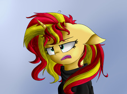 Size: 2011x1489 | Tagged: safe, artist:vanillaghosties, sunset shimmer, pony, unicorn, g4, female, messy mane, solo