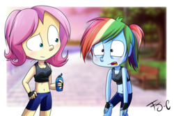 Size: 1024x683 | Tagged: safe, artist:fj-c, fluttershy, rainbow dash, equestria girls, g4, belly button, clothes, fingerless gloves, gloves, matching outfits, midriff, out of breath, shorts, sports bra