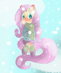 Size: 2500x3000 | Tagged: safe, artist:kimmico1234, fluttershy, semi-anthro, g4, clothes, female, high res, jacket, scarf, shoes, snow, snowfall, socks, solo