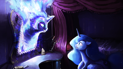 Size: 3840x2160 | Tagged: safe, artist:darthagnan, nightmare moon, princess luna, g4, bed, confrontation, crying, duality, floppy ears, grin, high res, mirror