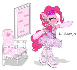 Size: 580x522 | Tagged: dead source, safe, artist:avchonline, pinkie pie, earth pony, semi-anthro, g4, ballerina, ballet, ballet slippers, bipedal, bloomers, blushing, canterlot royal ballet academy, chair, clothes, cute, dancing, dress, evening gloves, female, frilly dress, frilly pie, gloves, happy, headband, heart, mare, pinkarina, ribbon, solo, tights, tutu