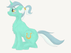 Size: 2048x1536 | Tagged: safe, artist:perle-de-suie, lyra heartstrings, pony, unicorn, g4, alternate hairstyle, blushing, chest fluff, female, fluffy, ponytail, side view, simple background, sitting, solo, white background