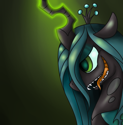 Size: 887x901 | Tagged: safe, artist:black-pie, queen chrysalis, changeling, changeling queen, g4, crown, fangs, female, green eyes, jewelry, regalia, solo