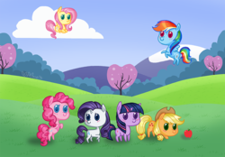 Size: 900x626 | Tagged: safe, artist:melonie-moon, applejack, fluttershy, pinkie pie, rainbow dash, rarity, twilight sparkle, g4, apple, chibi, food, mane six, meadow