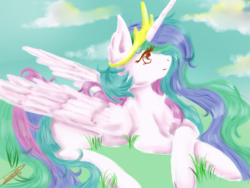 Size: 800x600 | Tagged: safe, artist:medaisy, princess celestia, g4, female, grass, prone, solo