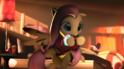 Size: 1920x1079 | Tagged: safe, artist:doge4ce, angel bunny, fluttershy, pony, g4, 3d, clothes, glow rings, hat, source filmmaker, tongue out