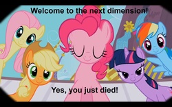 Size: 1440x900 | Tagged: safe, edit, edited screencap, screencap, applejack, fluttershy, pinkie pie, rainbow dash, twilight sparkle, g4, sweet and elite, afterlife, awakening, caption, death, dimension travel, image macro, implied death, meme, offscreen character, pov, the equestria after death