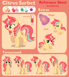 Size: 1160x1300 | Tagged: safe, artist:sunbusting, oc, oc only, oc:citrus sorbet, cutie mark, female, filly, magic, reference sheet, solo