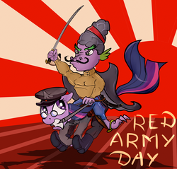 Size: 2200x2100 | Tagged: safe, artist:xsizorback, spike, twilight sparkle, g4, cavalry, chapaev, clothes, communism, cosplay, costume, hat, high res, military uniform, moustache, peaked cap, red army, riding, riding a pony, russian, saber, soviet, soviet union, spike riding twilight, sunrise, text, uniform, wat, weapon