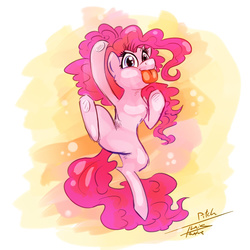 Size: 1000x1000 | Tagged: safe, artist:pimander1446, pinkie pie, g4, :p, cute, female, fourth wall, licking, looking at you, smiling, solo, tongue out, underhoof