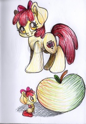 Size: 1426x2036 | Tagged: safe, artist:cutepencilcase, apple bloom, g4, apple, cutie mark, female, food, solo, the cmc's cutie marks