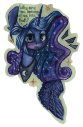 Size: 1284x1971 | Tagged: safe, artist:rinioshi, princess luna, g4, big ears, blushing, female, looking at you, solo, traditional art