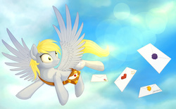 Size: 3150x1950 | Tagged: safe, artist:dirdash, derpy hooves, pegasus, pony, g4, cloud, derpydelivers, digital art, female, flying, letter, solo, sun, surprised