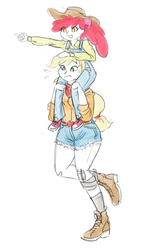 Size: 757x1280 | Tagged: safe, artist:king-kakapo, apple bloom, applejack, human, g4, bandage, boots, clothes, converse, humanized, overalls, piggyback ride, shoes, sisters, sketch