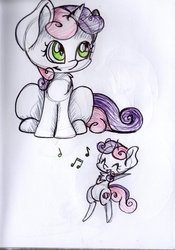 Size: 1426x2036 | Tagged: safe, artist:cutepencilcase, sweetie belle, pony, g4, bipedal, cutie mark, female, filly, music notes, singing, solo, the cmc's cutie marks, traditional art