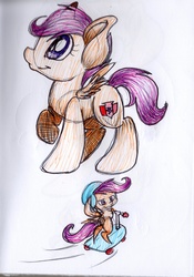 Size: 1426x2036 | Tagged: safe, artist:cutepencilcase, scootaloo, g4, cutie mark, female, helmet, scooter, solo, the cmc's cutie marks, traditional art