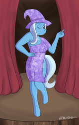 Size: 1024x1613 | Tagged: safe, artist:sketchychangeling, trixie, anthro, unguligrade anthro, g4, female, smiling, solo, stage, watermark, wink